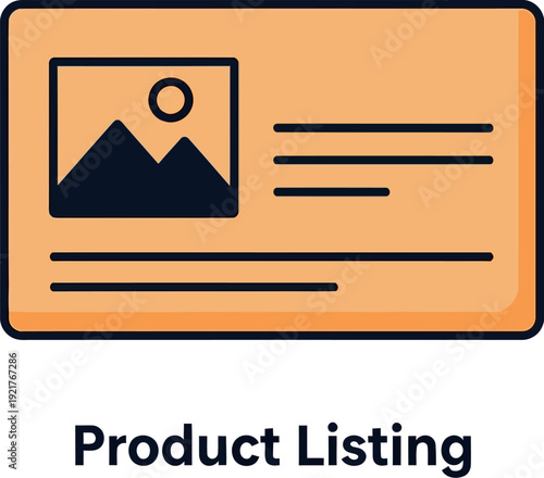Simple icon representing a product listing card format featuring an image placeholder and accompanying descriptive text lines for online commerce display.