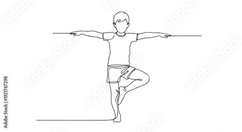 Minimalist single continuous line art illustration of a person practicing a balancing yoga pose, promoting mindfulness and healthy lifestyle. Clean vector graphic design representing peace and harmony
