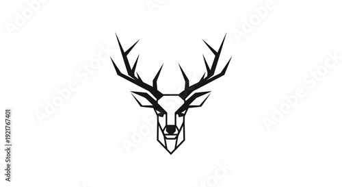 Deer head logo with sharp antlers and geometric design, black on white, vector illustration featuring wildlife, hunting, forest with animal and horns elements for symbol, emblem projects, clean
