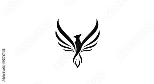 Phoenix mythical symbol with wings spread and flames rising black silhouette featuring logo, emblem, icon with fantasy and fire elements for bird, rebirth projects, clean composition on simple