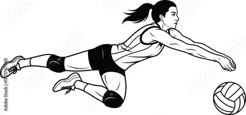 Female volleyball player diving for ball in action pose, black and white sports illustration isolated on white background