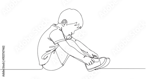 Continuous line drawing of a young boy learning to tie his shoelaces, showcasing childhood development and independent skill acquisition