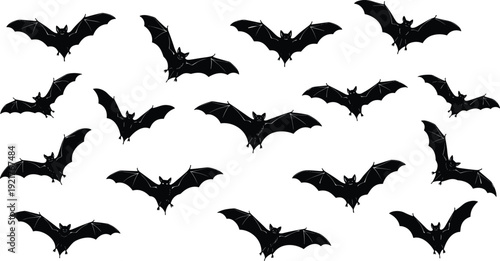 Black Silhouette Collection of Flying Bats and Nocturnal Flittermouse in Various Motion Poses Isolated on White Background for Halloween Decoration Wildlife Vector and Gothic Graphic Design (25 words)