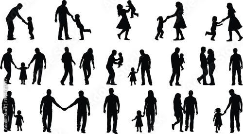 Black silhouette illustration of families with adults and children holding hands, walking, playing, and embracing, symbolizing love, bonding, unity, and everyday relationships