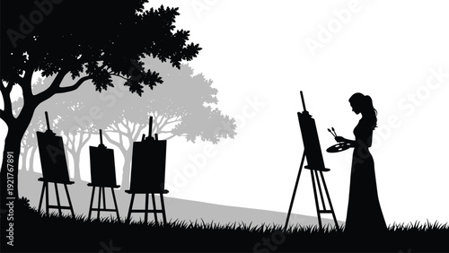 Woman artist silhouette painting outdoors at easel, plein air painter with palette under trees, scenic landscape background, vector illustration nature art feminine.