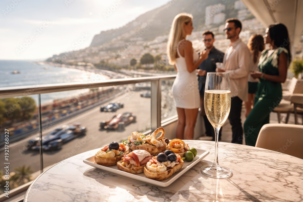 Fototapeta premium Monaco GP F1 Paddock Club luxury hospitality gourmet appetizers and champagne on marble table with VIP guests overlooking coastal race track motorsport glamour