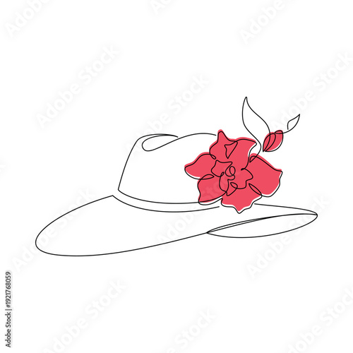 Hand drawn fedora hat with flowers vector. Womens headwear line continuous drawing. Linear silhouette, minimal icon, fashion print, banner, card, poster, brochure, doodle illustration, clothing shop