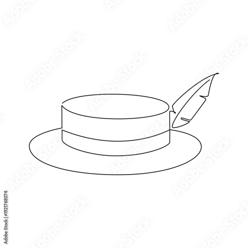Hand drawn hat with feather vector. Womens headwear line continuous drawing. Linear silhouette, minimal icon, fashion print, banner, card, poster, brochure, doodle illustration, clothing shop sign, lo