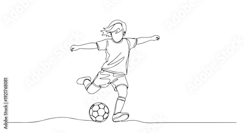 Continuous line drawing of a girl playing soccer, a sporty child kicking a football in a dynamic pose, representing childhood sports and active lifestyle