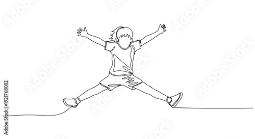 Single Line Drawing of a Young Person with Arms and Legs Outstretched in a Jumping Pose
