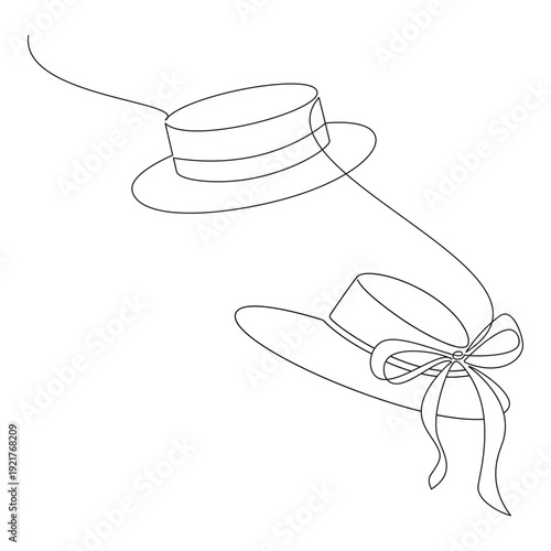Two hats with ribbon bow vector. Womens headwear line continuous drawing. Hand drawn linear silhouette icon, fashion print, banner, card, poster, brochure, doodle illustration, clothing shop sign