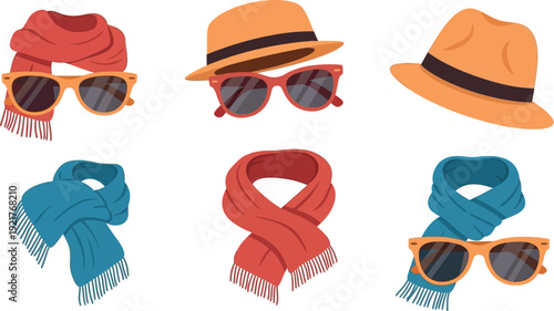 Collection of colorful winter scarves and stylish summer sun hats paired with assorted sunglasses for complete seasonal fashion accessory sets