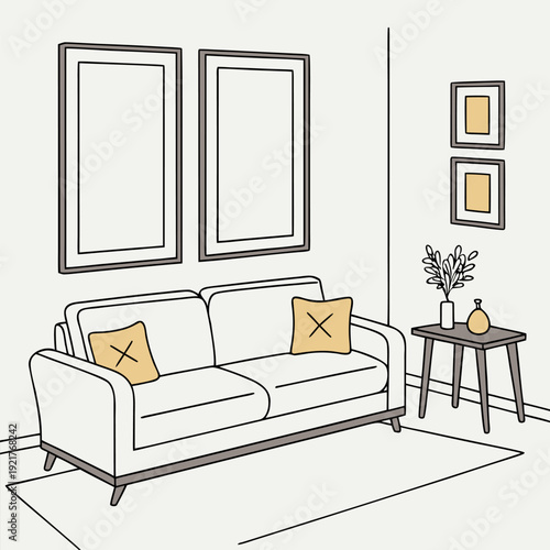 3D rendering of minimalist living room with white sofa, yellow pillows, wooden lamp, and two blank poster frames for stylish wall art mockup.