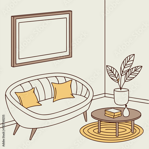 Contemporary living room mockup featuring two blank frames, white sofa, yellow cushions, wooden lamp, and modern minimalist home decoration, 3D rendering.