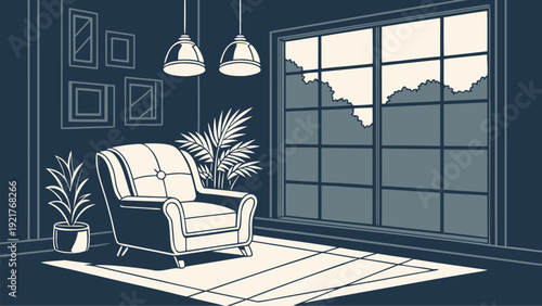 Stylish living room interior featuring leather armchair, wooden floor, dark blue wall, warm lighting, and minimalist decor for elegant modern lifestyle.