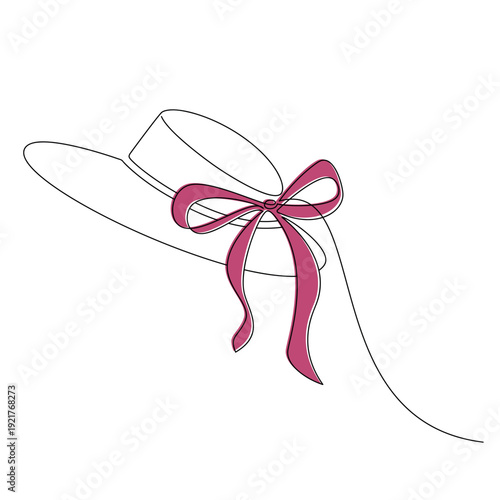 Hand drawn hat with ribbon bow vector. Womens headwear line continuous drawing. Linear silhouette, minimal icon, fashion print, banner, card, poster, brochure, doodle illustration, clothing shop sign