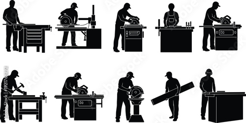 Carpenter silhouettes working with power tools, woodworker using table saw bandsaw planer hammer carrying lumber at workbench, vector illustration workshop set.