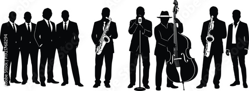 Black silhouette illustration of jazz band with saxophonists, double bass player, and vocalist at microphone, symbolizing music, performance, culture, and artistic expression