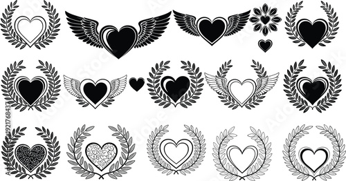 Vector silhouette collection of decorative hearts with wings and laurel wreaths isolated on white background for wedding romance Valentine's Day and logo design projects.