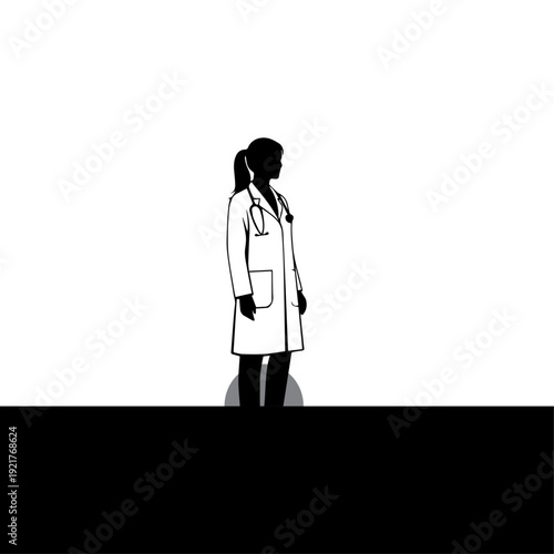 Female Doctor Standing Silhouette – Black and White Medical Professional Illustration