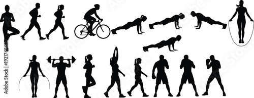 Fitness and Workout Silhouettes Collection, Running Cycling Push Ups Jump Rope Boxing and Strength Training Exercises Set