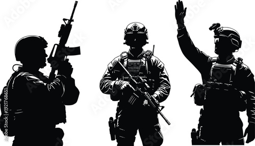 Black and white silhouette illustration of armed soldiers in tactical gear, military team coordination concept for defense, security, combat training, and stock design content