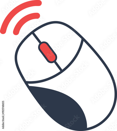A simple wireless computer mouse icon with red signal waves is depicted against a white background.