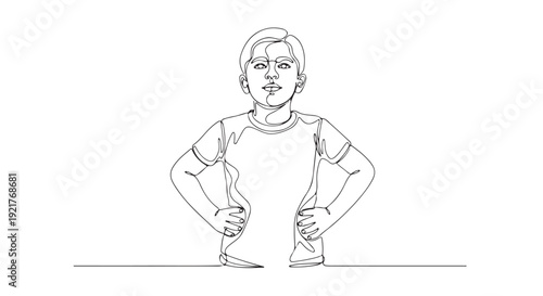 Continuous line drawing of a confident young boy with hands on hips, showcasing childhood power and determined expression through minimalist single line art