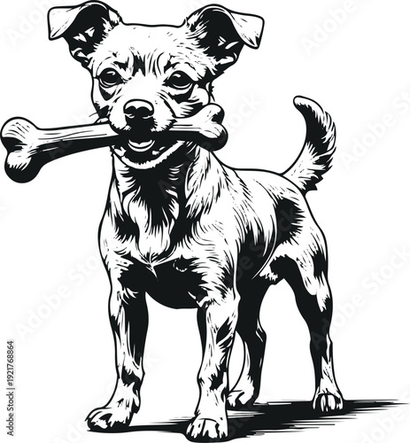Extreme bold line art monochrome vector of a small dog holding food in mouth while standing, oversized outline stroke, simple geometric shapes, no shadows, white background 3