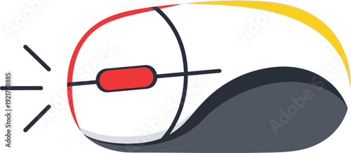 Close-up illustration of a computer mouse scrolling wheel actively clicking with red and yellow highlights on a white background.