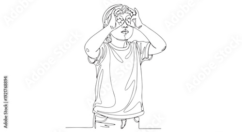 Minimalist continuous line art illustration of a young child making imaginary binoculars with hands, playfully exploring the world with curiosity and a sense of wonder
