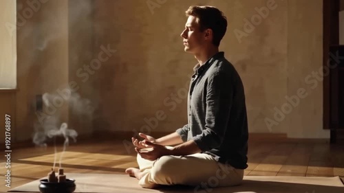 Man Practicing Meditation with Incense in Sunlit Minimalist Room