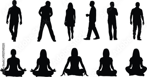 People silhouette collection, men women standing walking meditation yoga poses, black human figures isolated on white background vector set illustration