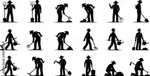 Collection of farmer silhouettes working in field, men farmers digging hoeing raking watering planting with shovel fork watering can hat, vector illustration set.