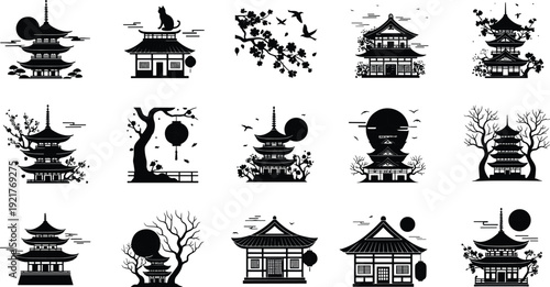 Set of traditional Japanese pagoda silhouettes featuring Zen temples oriental architecture cherry blossom branches and lanterns for cultural Asian heritage design