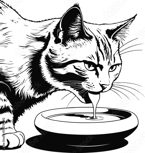  Extreme bold line art vector of a cat licking milk from a shallow dish, oversized outline stroke, clean white background, no gradients 3