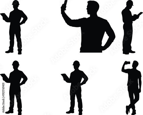 Silhouettes of people using various hand gestures and holding devices