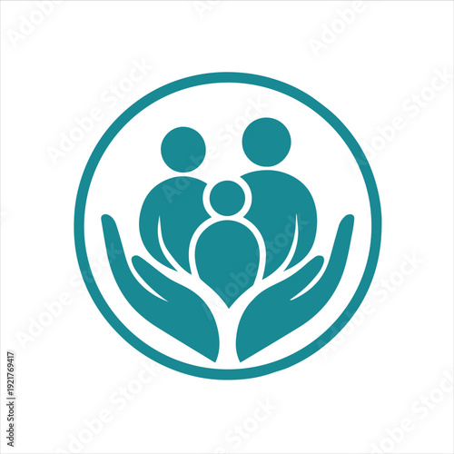Teal logo of a family protected by hands in a circle on white background
