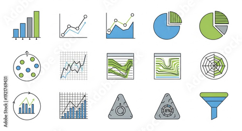 Collection of business charts and graphs icons for data analysis.