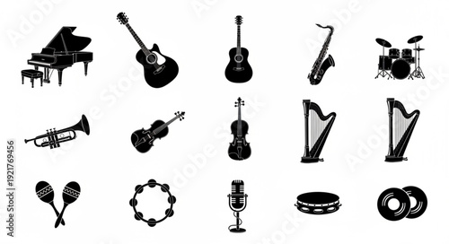 Collection of Musical Instruments Silhouettes Isolated on White.