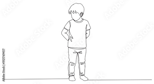 Minimalist continuous line drawing depicting a curious young child standing in profile, capturing a moment of quiet contemplation and simplicity