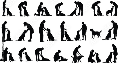Black silhouette illustration of people interacting with dogs through petting, training, playing, and commands, symbolizing companionship, communication, bonding, and animal behavior