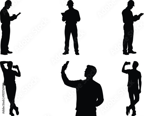 Silhouettes of people engaged with mobile devices in various dynamic poses