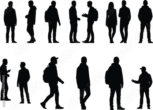 Diverse Group of Backpackers Silhouettes Featuring Men and Women Travelers Standing Walking and Talking for Youth Lifestyle Tourism Social Gathering and Commuter Graphic Design