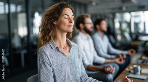 Faceless business professionals practicing mindfulness meditation during office break to reduce stress and improve overall mental health, workplace wellness, with copy space
