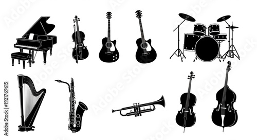 Collection of musical instruments in silhouette.