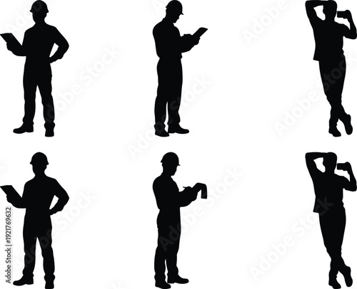 Six silhouettes of people in various dynamic poses with modern devices.