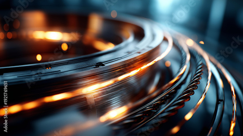 Abstract industrial composition of electric drivetrain assembly with sharp shadows, curved wiring paths, and solid metallic textures, manufacturing artwork, with copy space