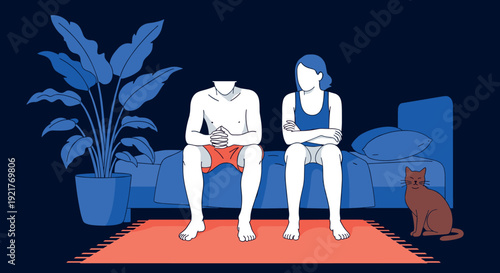 Couple Sitting on Sofa Using Smartphones at Home with Cat Modern Flat Vector Illustration Scene