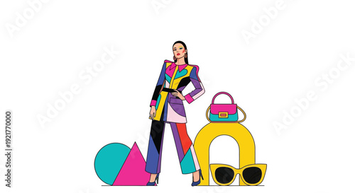 Fashionable woman posing with accessories in a colorful vector graphic illustration design